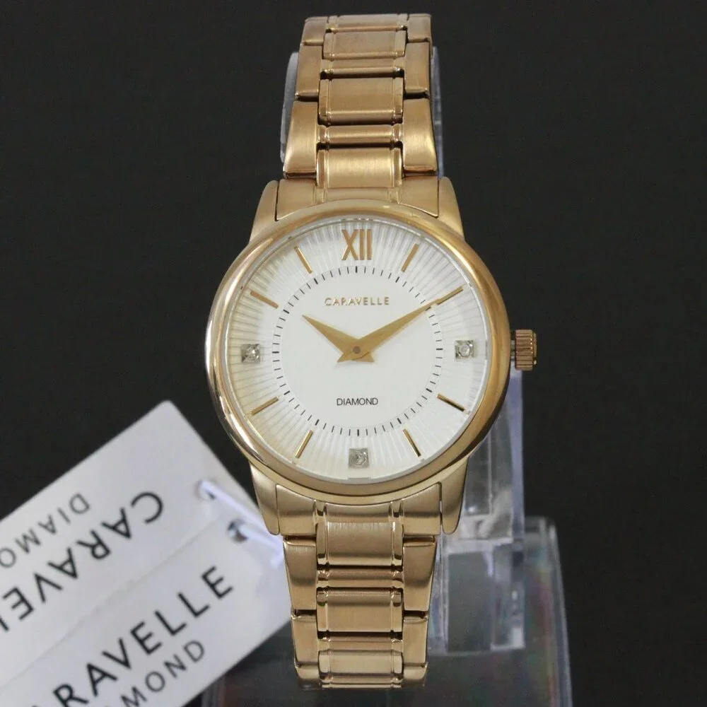 Caravelle Ladies Casual Watch By Bulova Diamond Accents Gold Tone 30mm